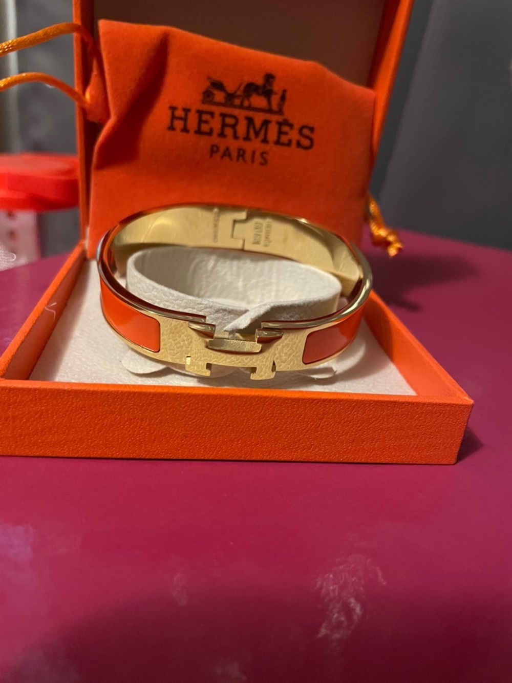 Orange Enamel H Bracelet with Gold Hardware